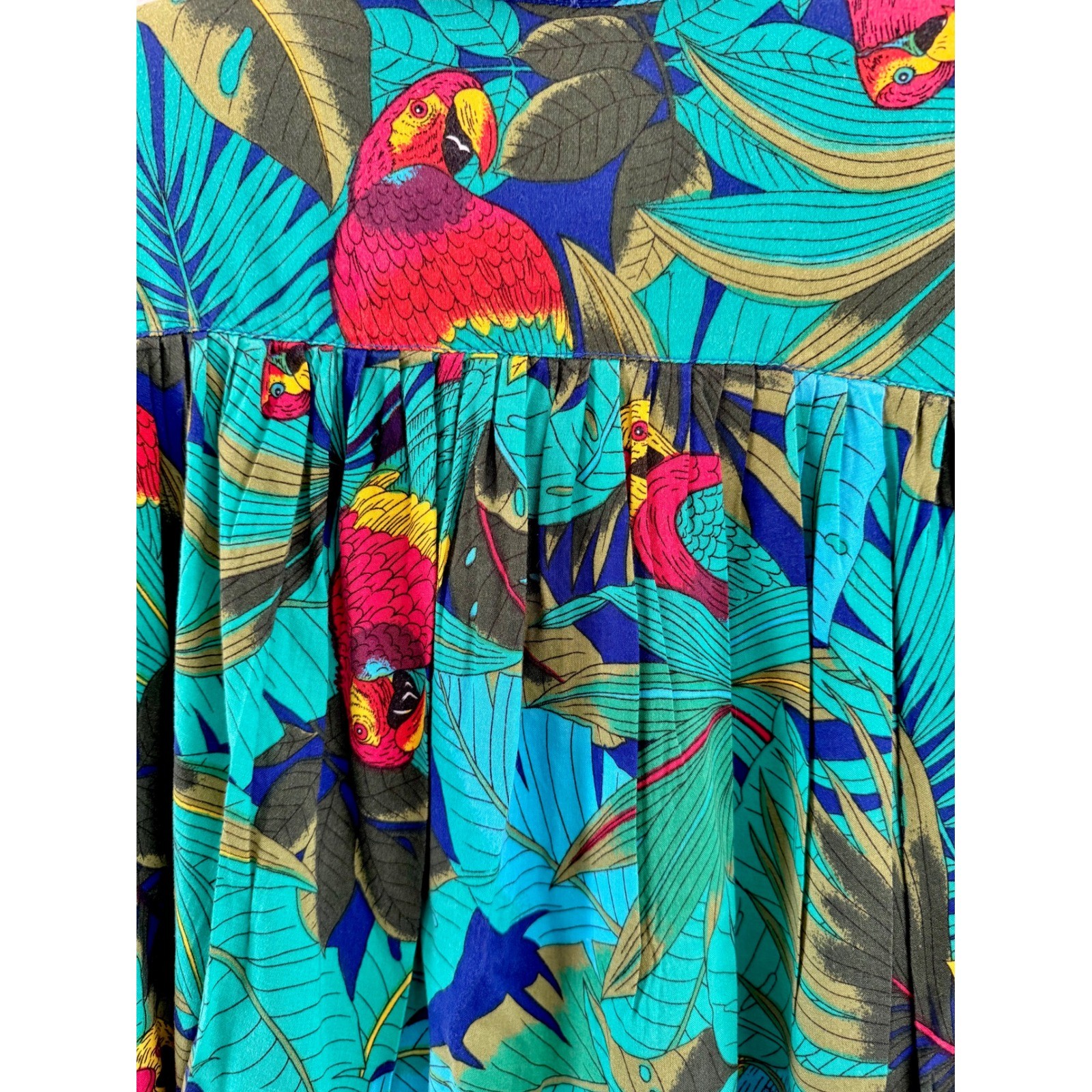 Vintage Shirt Dress Women OS Multicolor Tropical Parrot Print Pleated Oversized
