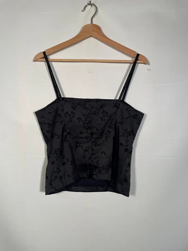 90s Black Satin 3 Piece With Flocked Velvet Glitter Floral Size 11/12 M 30/31 W