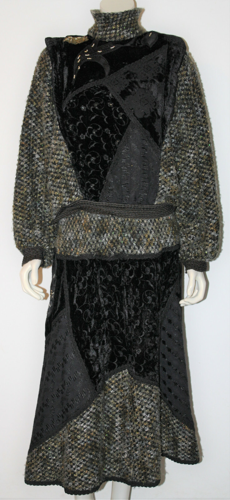 DANIEL BITTON Italy Skirt Top S M VINTAGE Green Black Beaded Velvet Gray