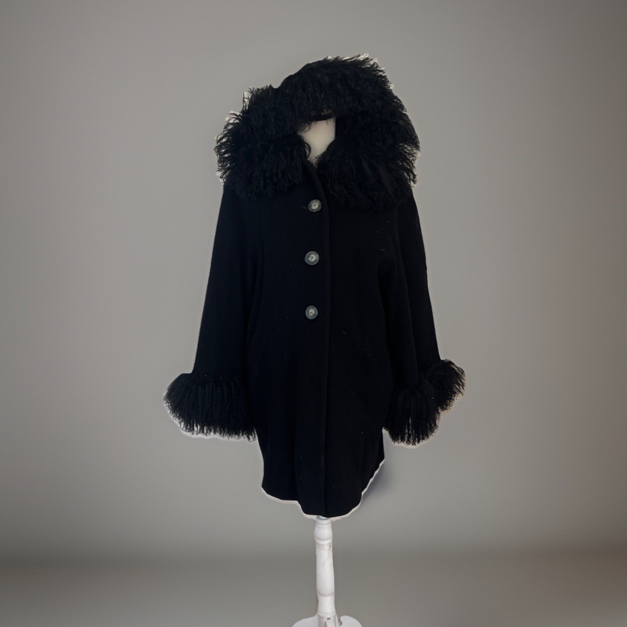 Fendi 365 Italy Wool Coat Black Hood Women’s Fur Trim Size 6 Vintage