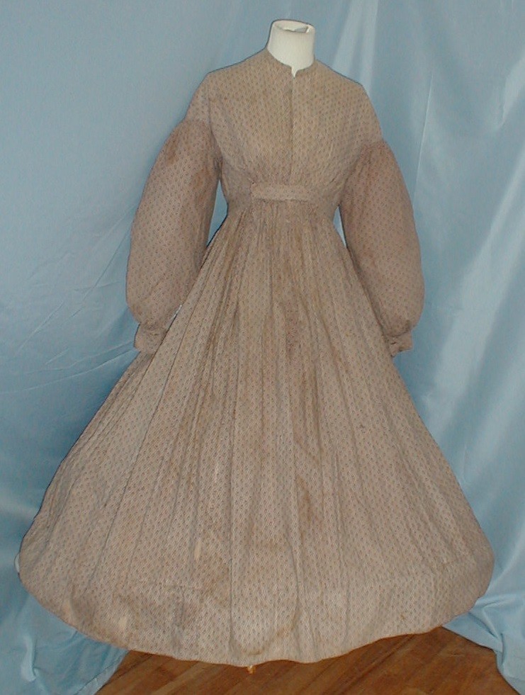 Civil War 1860Antique Victorian Dress Brown Printed Cotton Bishop Sleeves