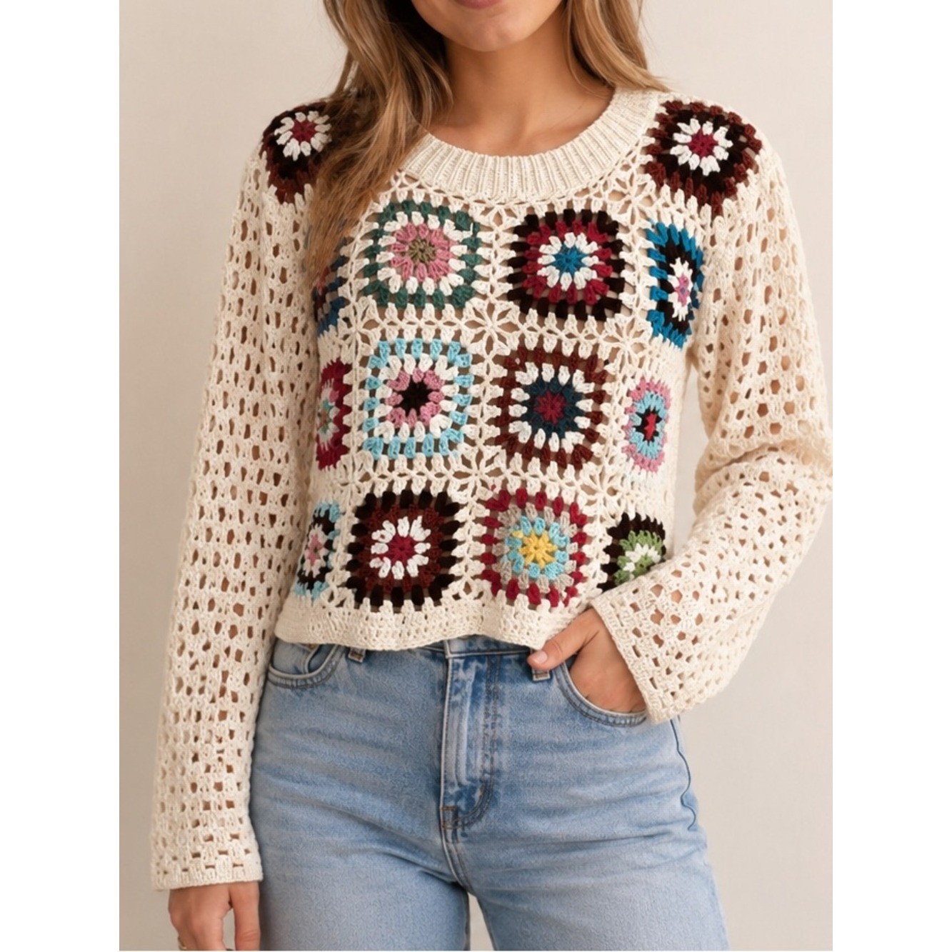 Luna Ivy Granny Square Crochet Crop Sweater Cream Multicolor Boho Size Small