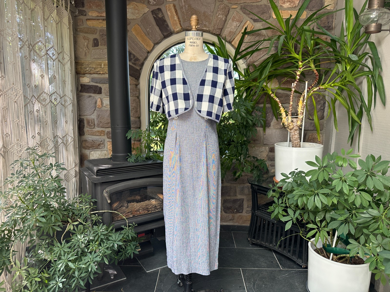 Vintage 1990s Blue and White Check Midi Dress TR Bentley