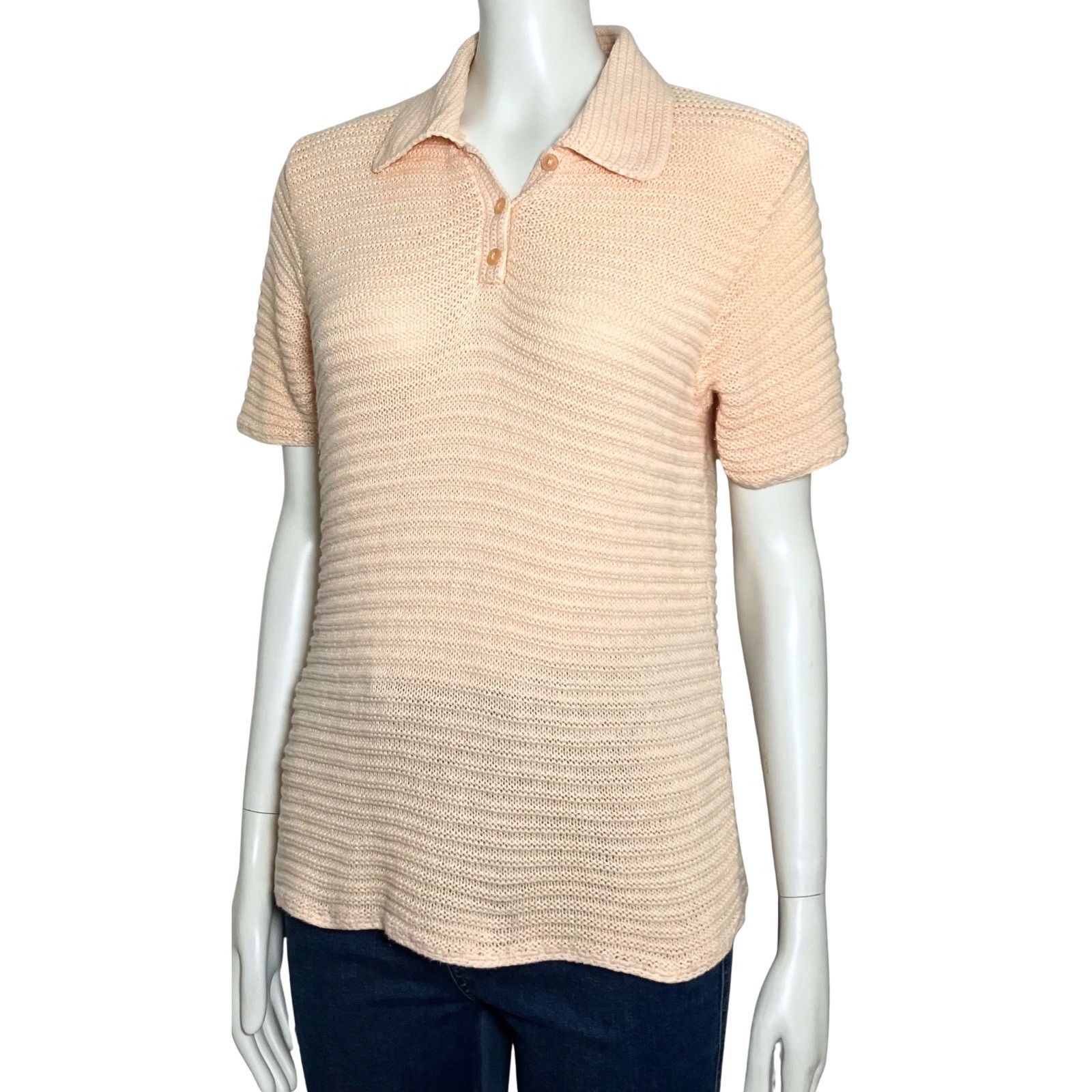 Vintage 80s Liz Claiborne Peach Linen Cotton Blend Knit Polo. S/M. Preppy Retro