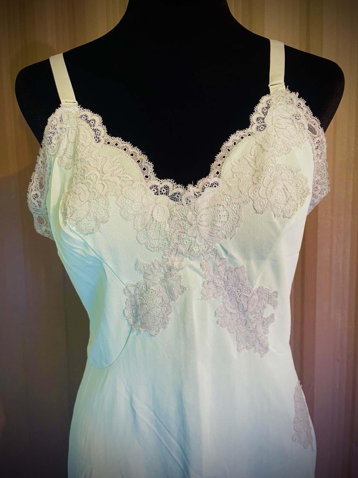 VTG 70s Sears Slip Dress Nightgown Sea foam Green Babydoll Nylon Lace Lingerie