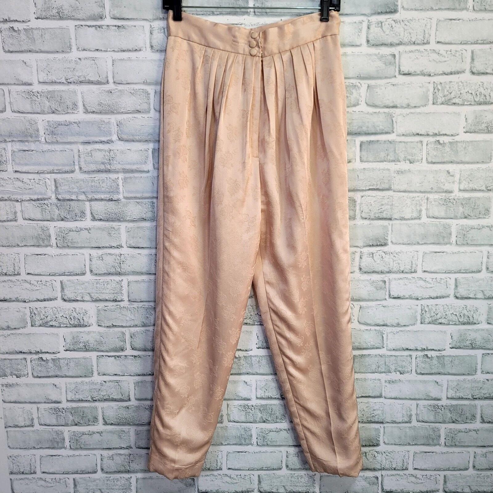 Vintage 80s 90s Blush Satin Brocade Pants High Waist Pleated Tapered Trousers
