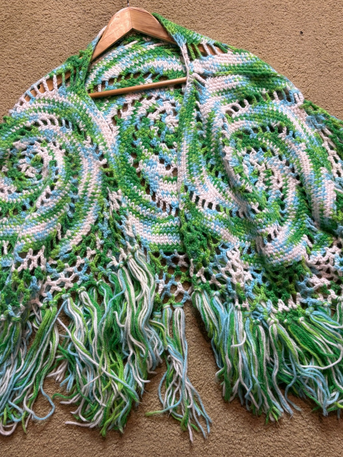 Tie Dye Knit Crochet Fringed Shawl Wrap Poncho Festival Cape Sweater Hippy Green