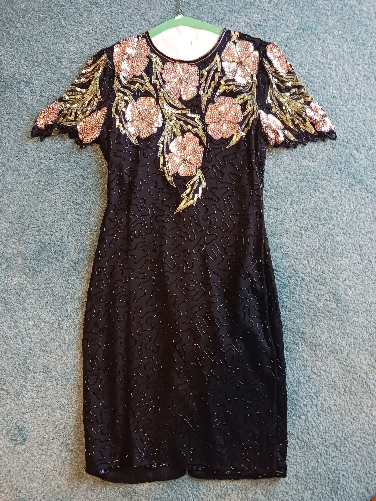 Vintage Black Floral Beaded and Sequin Midi Dress by Scala, Small