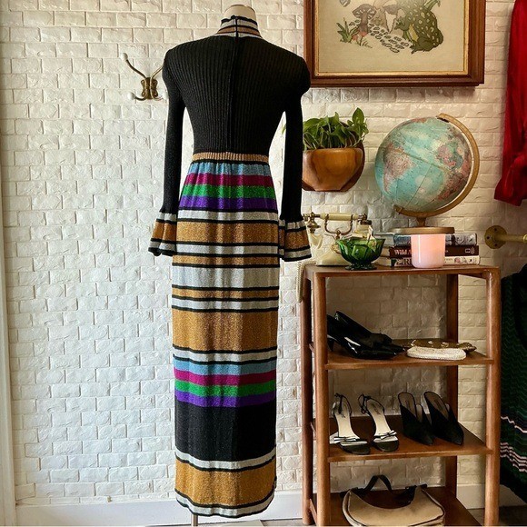 Vintage 1970s Italian Metallic Striped Colorblock Glitter Lurex Ribbed Knit Gown