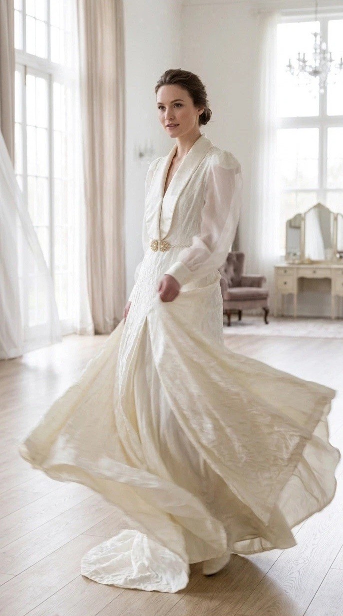 Vintage OOAK Whimsigoth Damask Satin Long Fairy GOWN Peignoir Robe Sequin white
