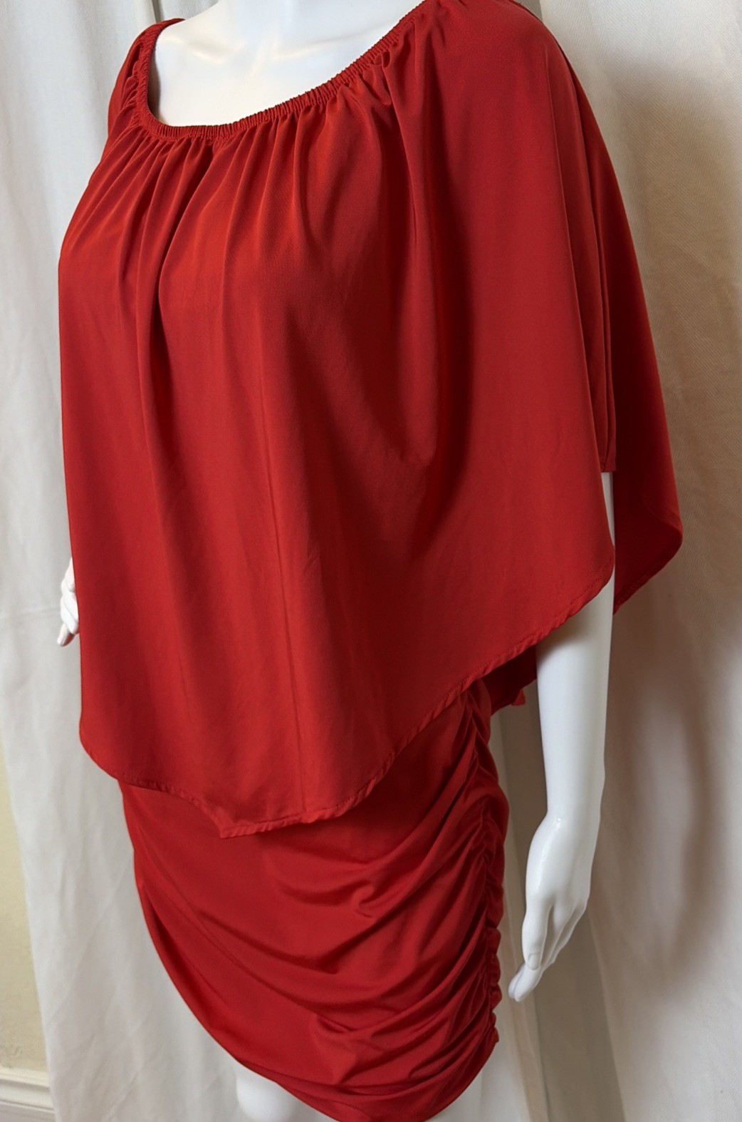 VTG 70s 80s Sexy Disco Party Clubwear Red Ruched Dolman Capelet Mini Dress S/M