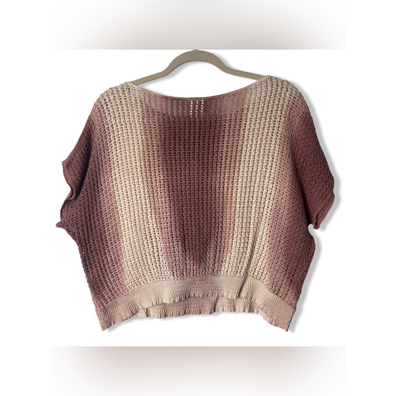 Vtg Made in Greece Open Weave Knit Crop Top Ombre Mauve Cream One Size 80s