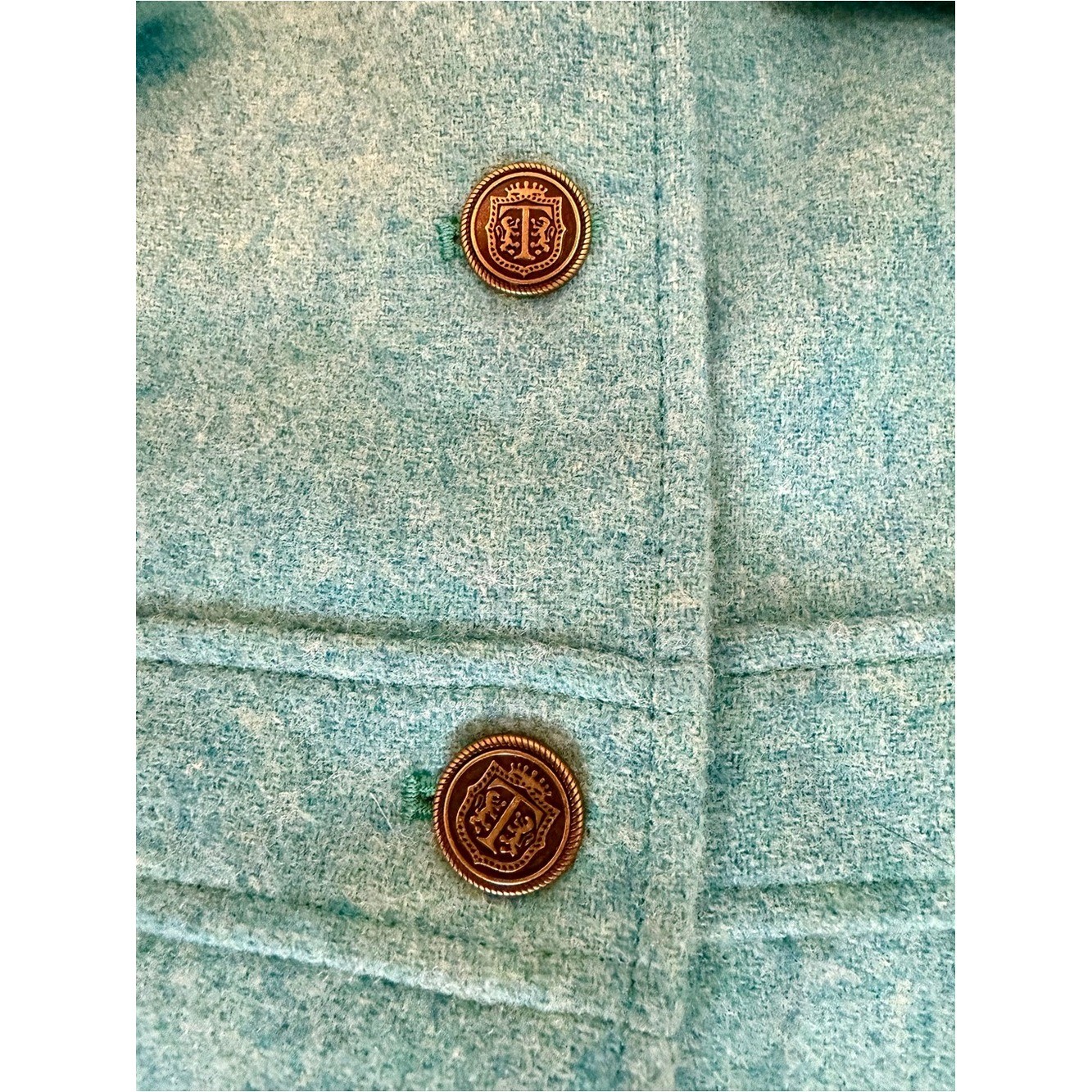 Vintage 90s Y2K Talbots Womens 2 Turquoise Blue Wool Tweed Crest Button Jacket