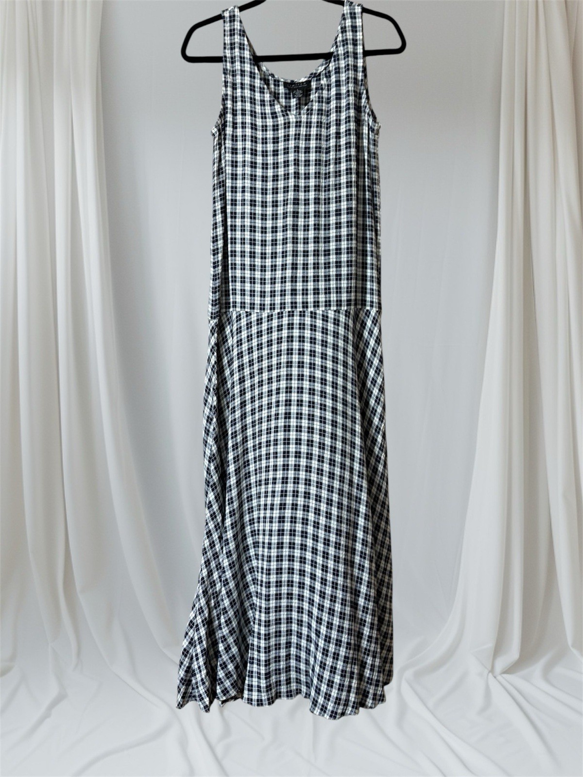 VTG 90s y2K Limited London Paris NY Blue Plaid GINGHAM DROP WAIST MAXI Dress S