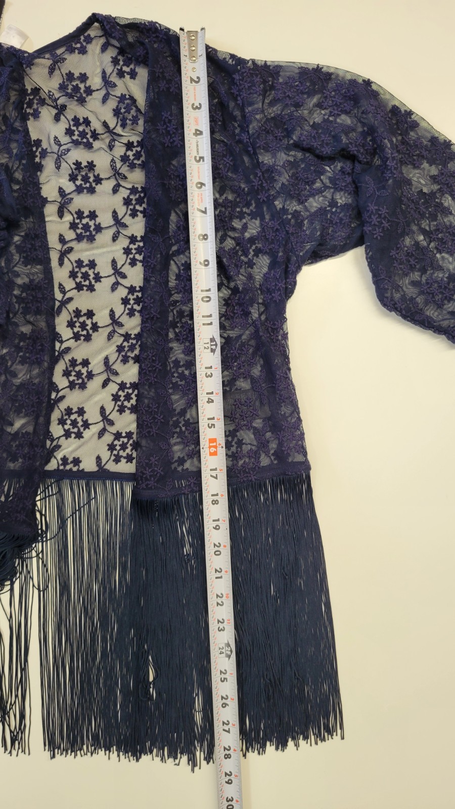 Boho Country Western Fringe Lace Cardigan, Women L, Dark Navy Blue, 3/4 Sleeve