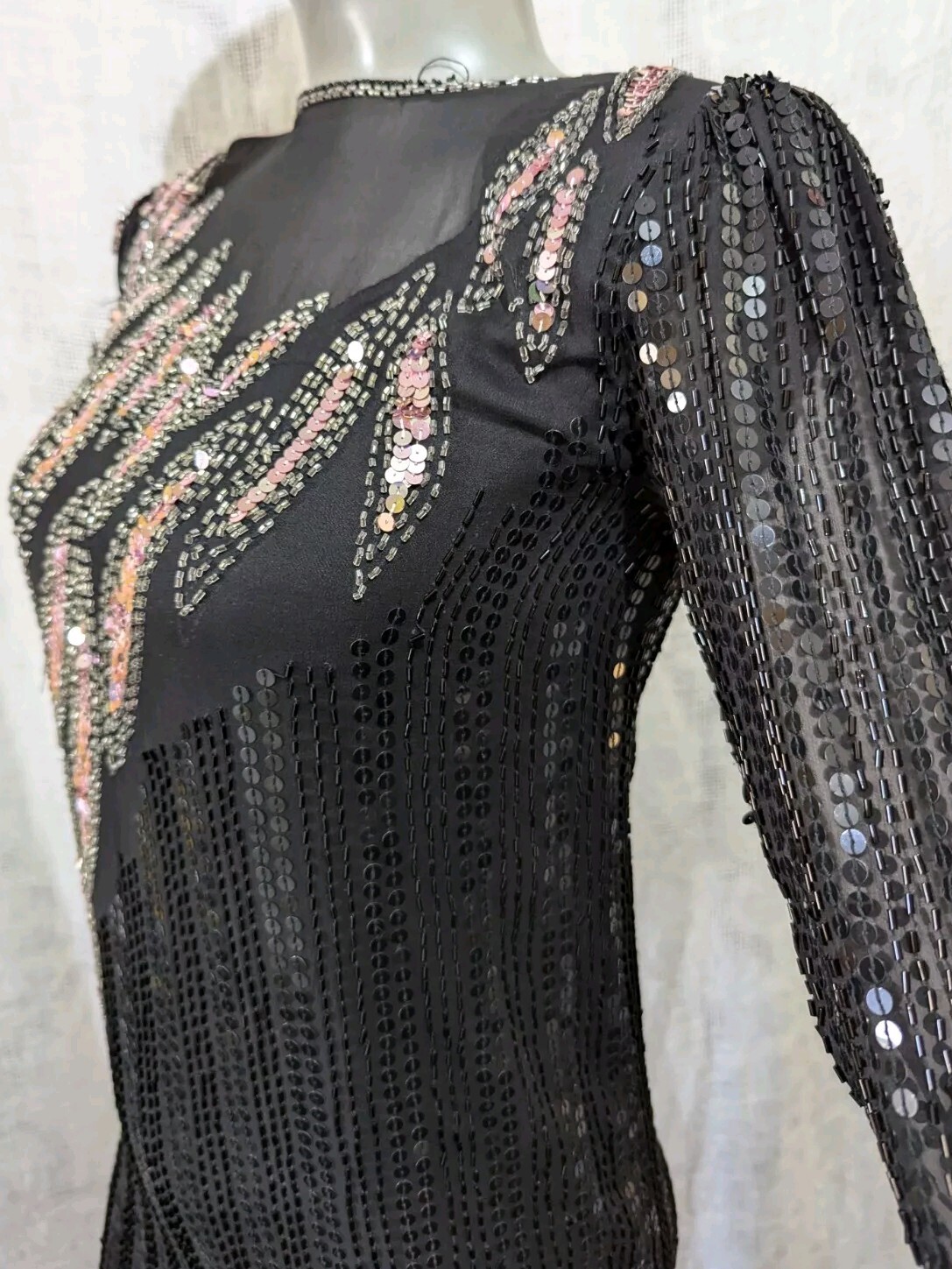 VTG Sho Max Originals Black Pink Silk Beads & Sequins Cocktail Dress PS