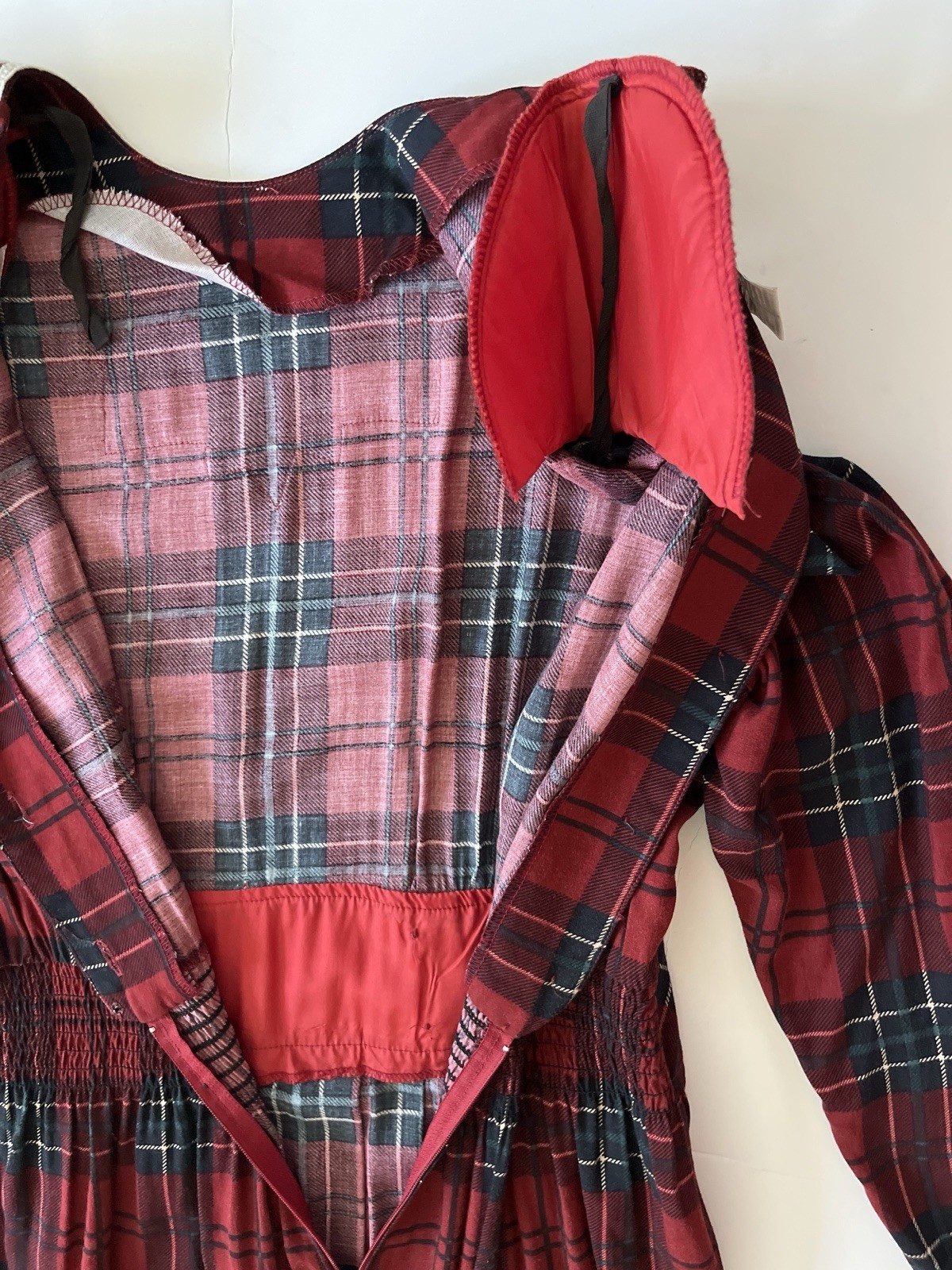 Karin Stevens VTG Dress S/M Petite Red Plaid Pleated Smocked Cottagecore