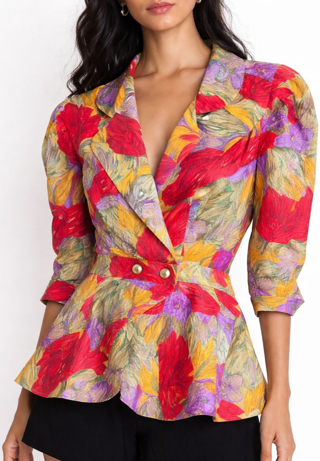 Vintage 80s 90s Floral Peplum Blouse Jacket Bold Abstract Print Gold Button Top