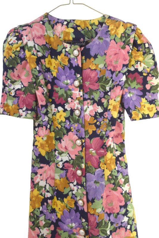 Vtg Corduroy Dress Womens XS-S Black Floral Button Front Shoulder Pads Made USA