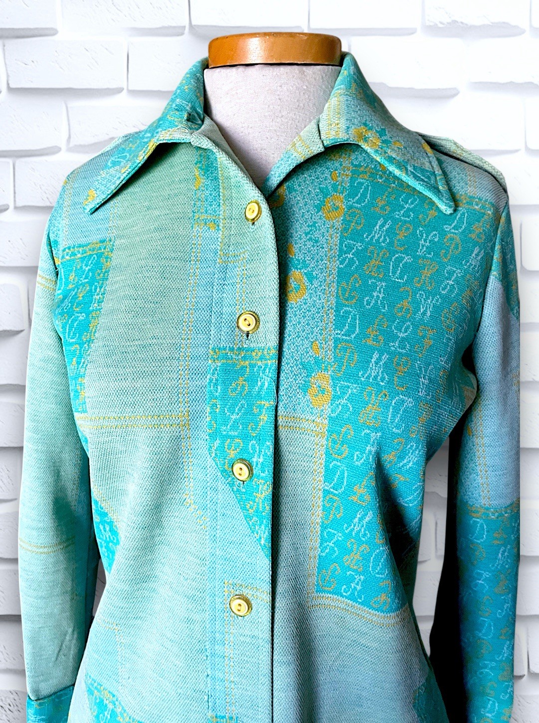 1960’s Teal, Sea Foam Green & Yellow Patchwork & Monogram Pattern Suit Spring