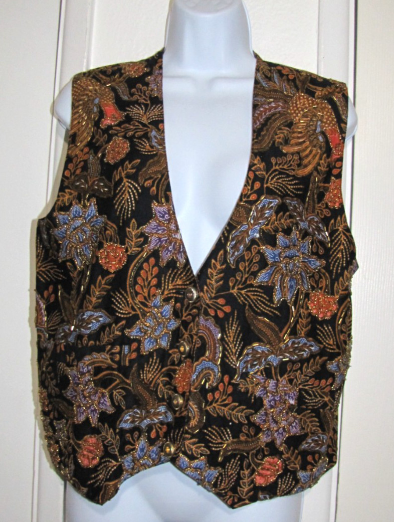 Y2K 4-button Vest Effeci Beaded Floral Lined Back-tie 100%-Cotton pockets Wm. M