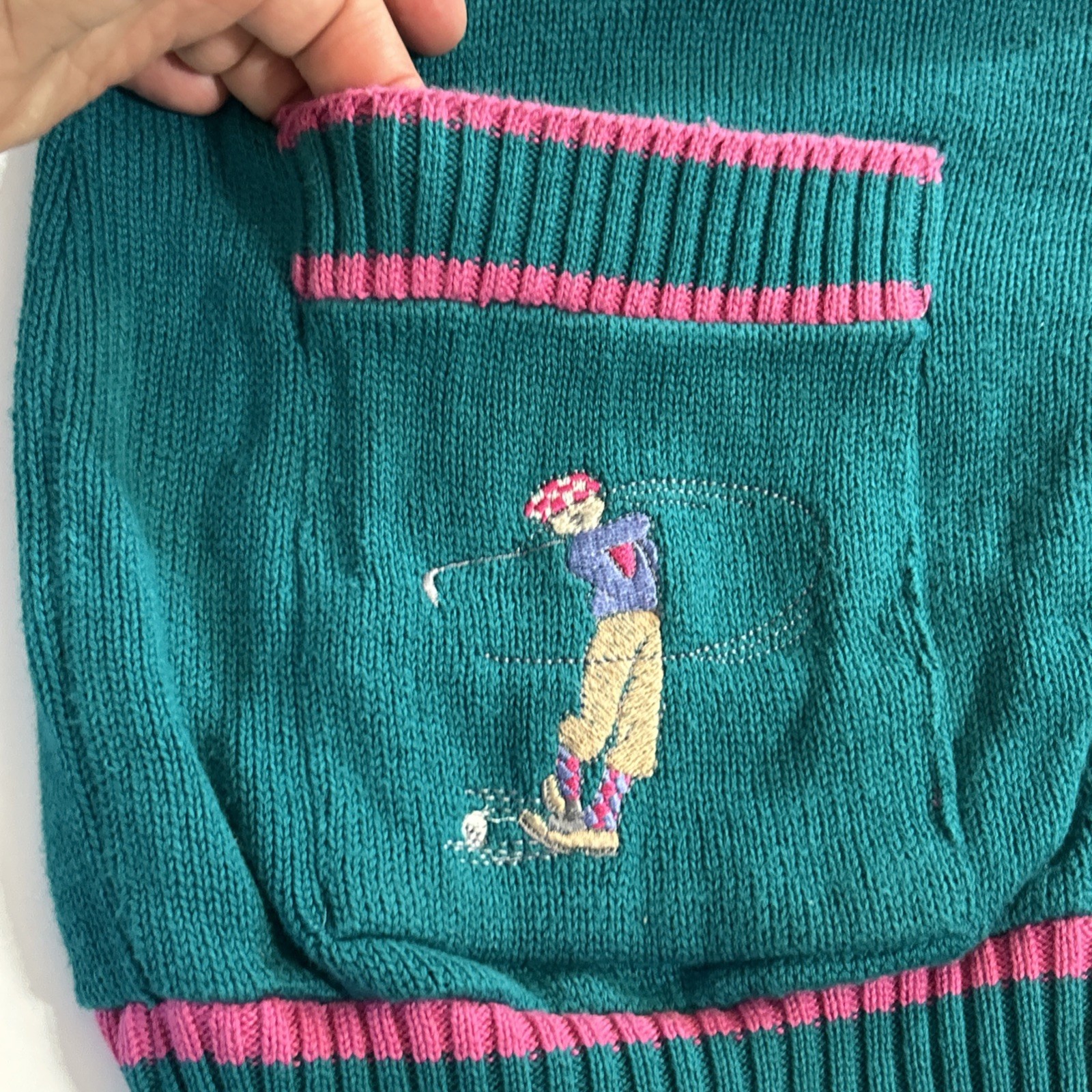 Pringle Scotland Sweater Sz M Teal Pure Cotton VNeck Embroidered Golf Vintage