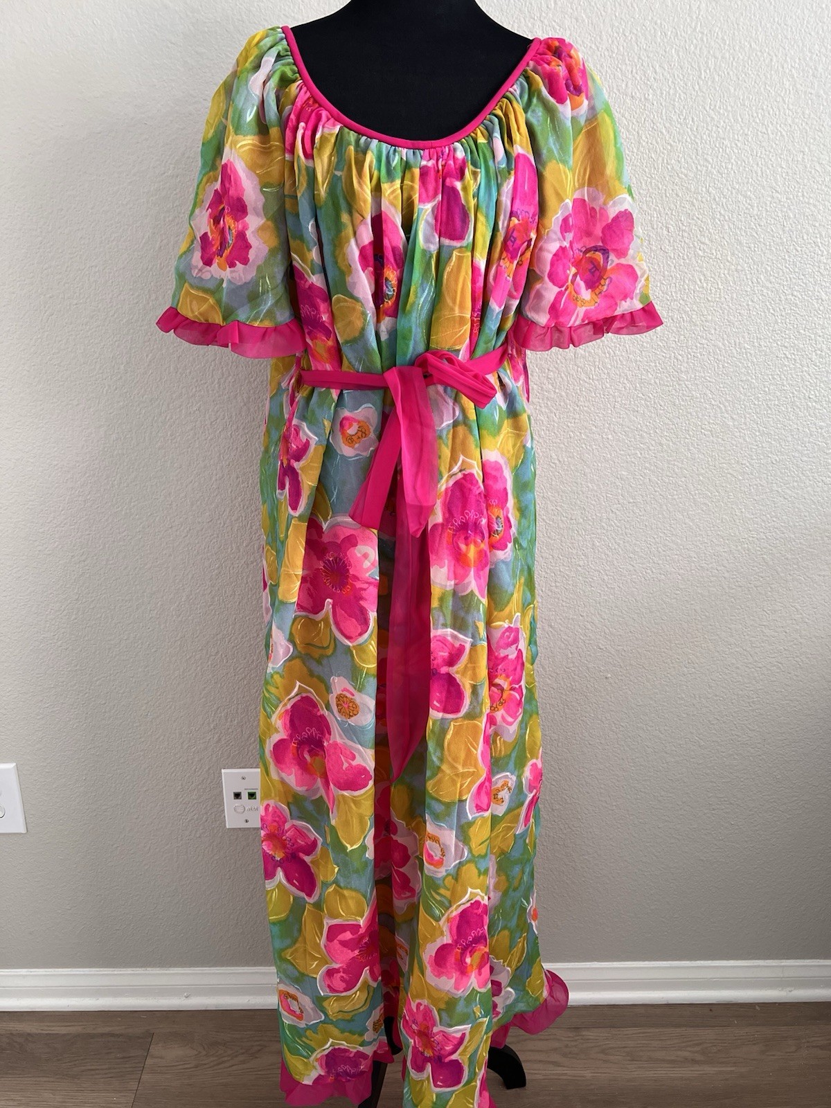 Vintage Jenelle of California Gown Belted Ruffles Floral Lined Colorful Nylon