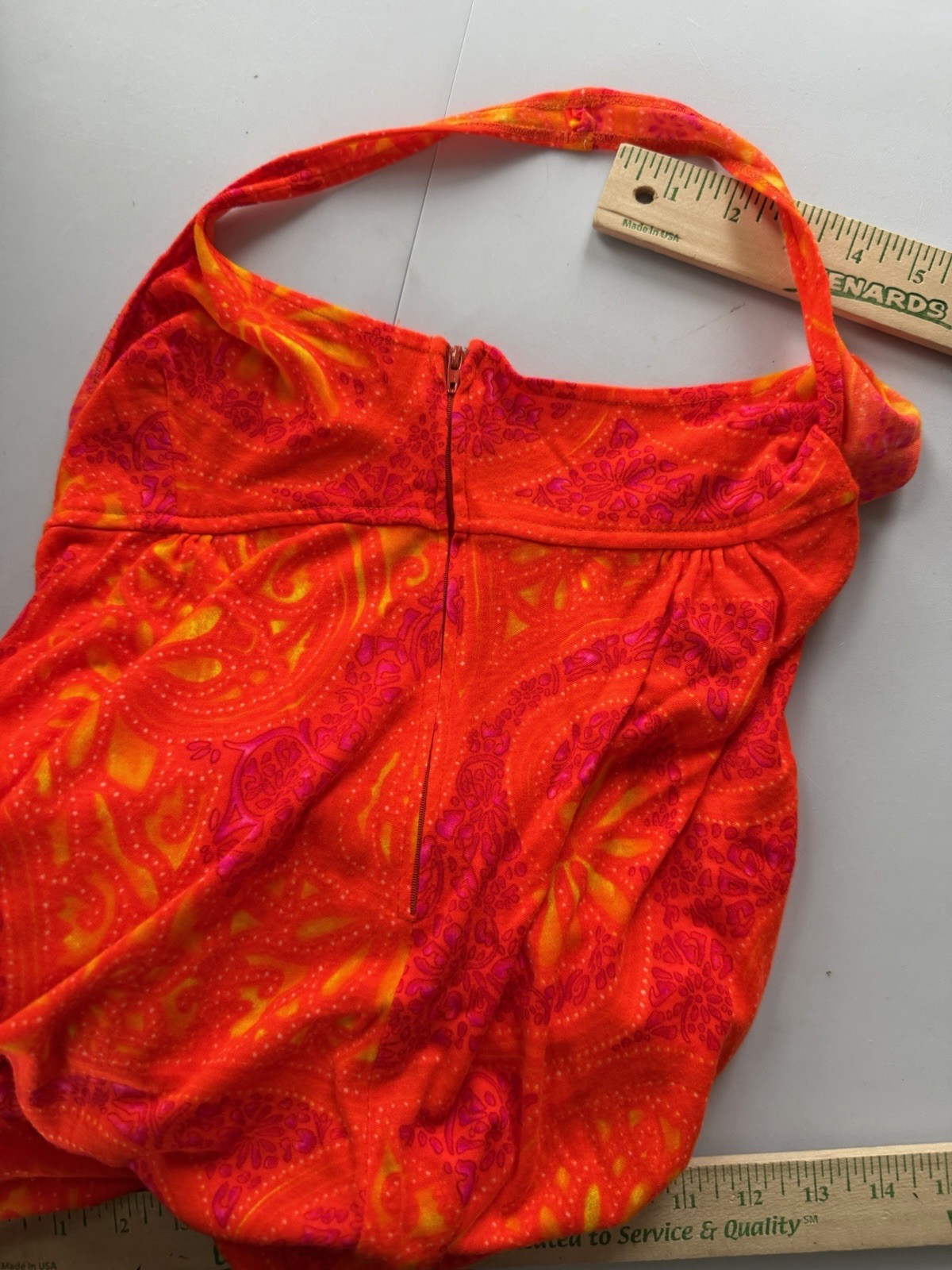 Vtg 70s Tropical Psychedelic Print Maxi Dress Xs/S Orange Sleeveless Stretch