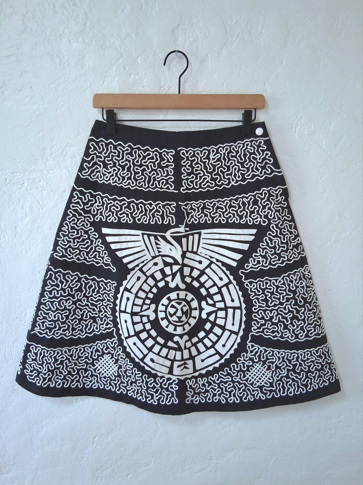 1950s Mexican Tourist Skirt Suede Applique Aztec Calendar Soutache Folk Art