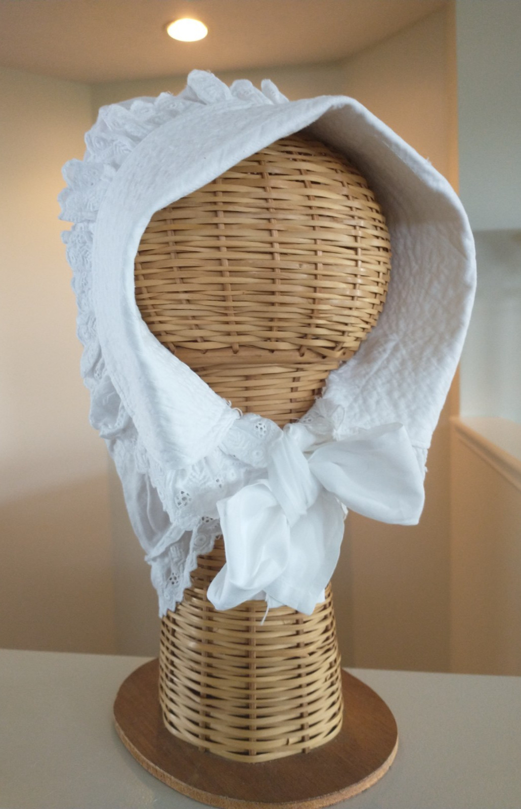 Antique Victorian White Cotton Sleep Bonnet – Nightcap W/ Eyelet