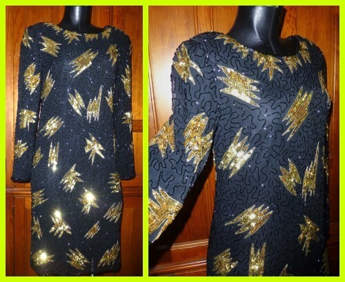 FAB Vtg 80s GOLD Black Sequins Beads EMBROIDERED Cocktail Formal Evening DRESS