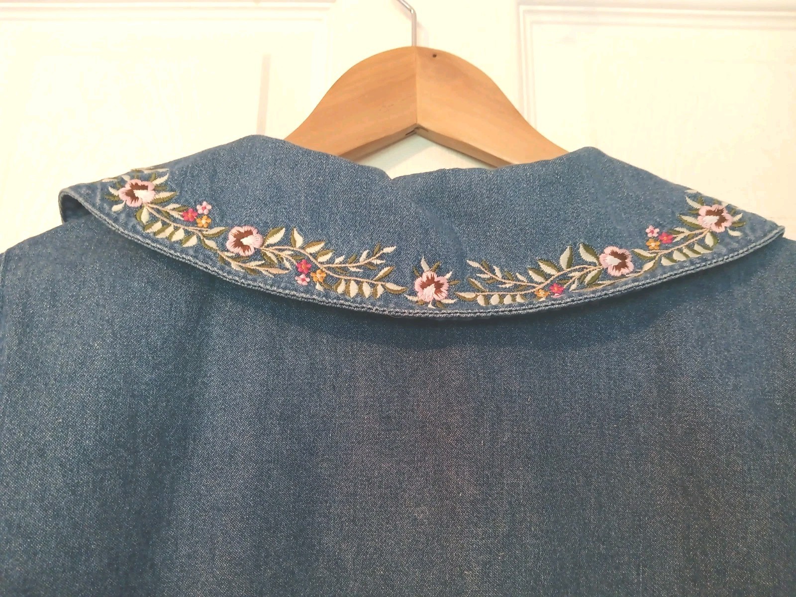 VTG FADS dress blue 100% cotton jean denim l/s embroidery button frnt pockets 6