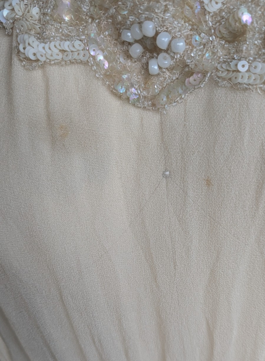Antique 1920s silk beaded sheer dress beige flapper 40″ bust bead trim