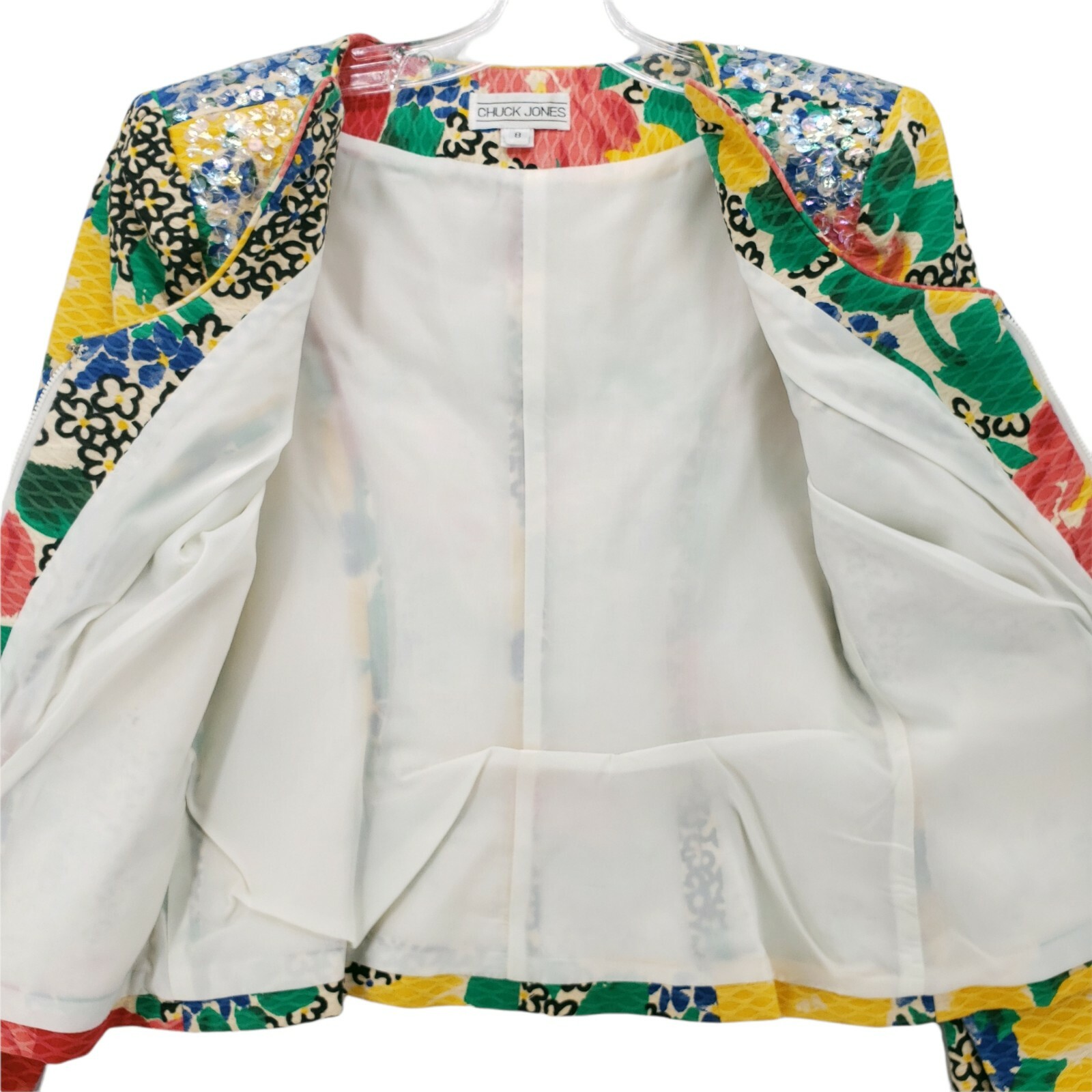 VINTAGE Chuck Jones Sequin Colorful Floral Blazer Jacket Size 8