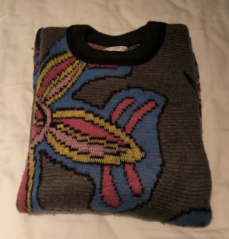 VINTAGE 1980S ESPRIT FLORAL PRINT WOOL SWEATER GREY BLACK BLUE SIZE M MEDIUM