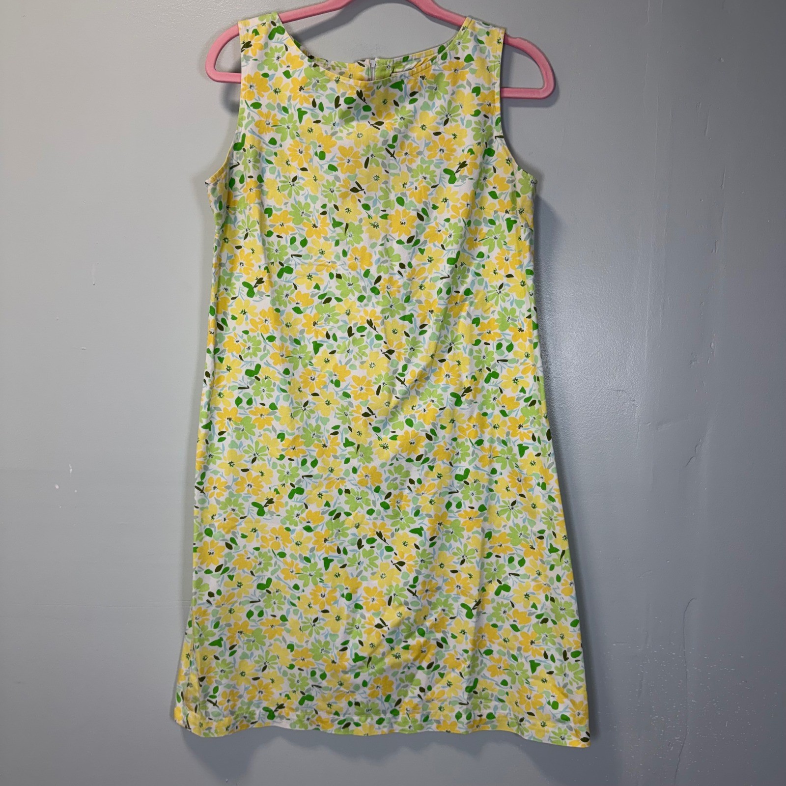 Susan Bristol Vintage Floral Cotton Shift Dress Yellow Green Sleeveless Size 10