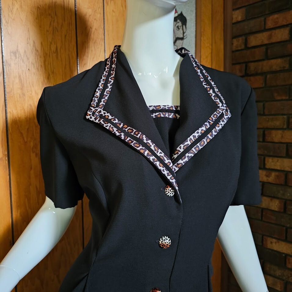 Vintage 90s Sassy Mob Wife Leopard Trim Midi Power Moves Suit Tuxedo Dress M/L