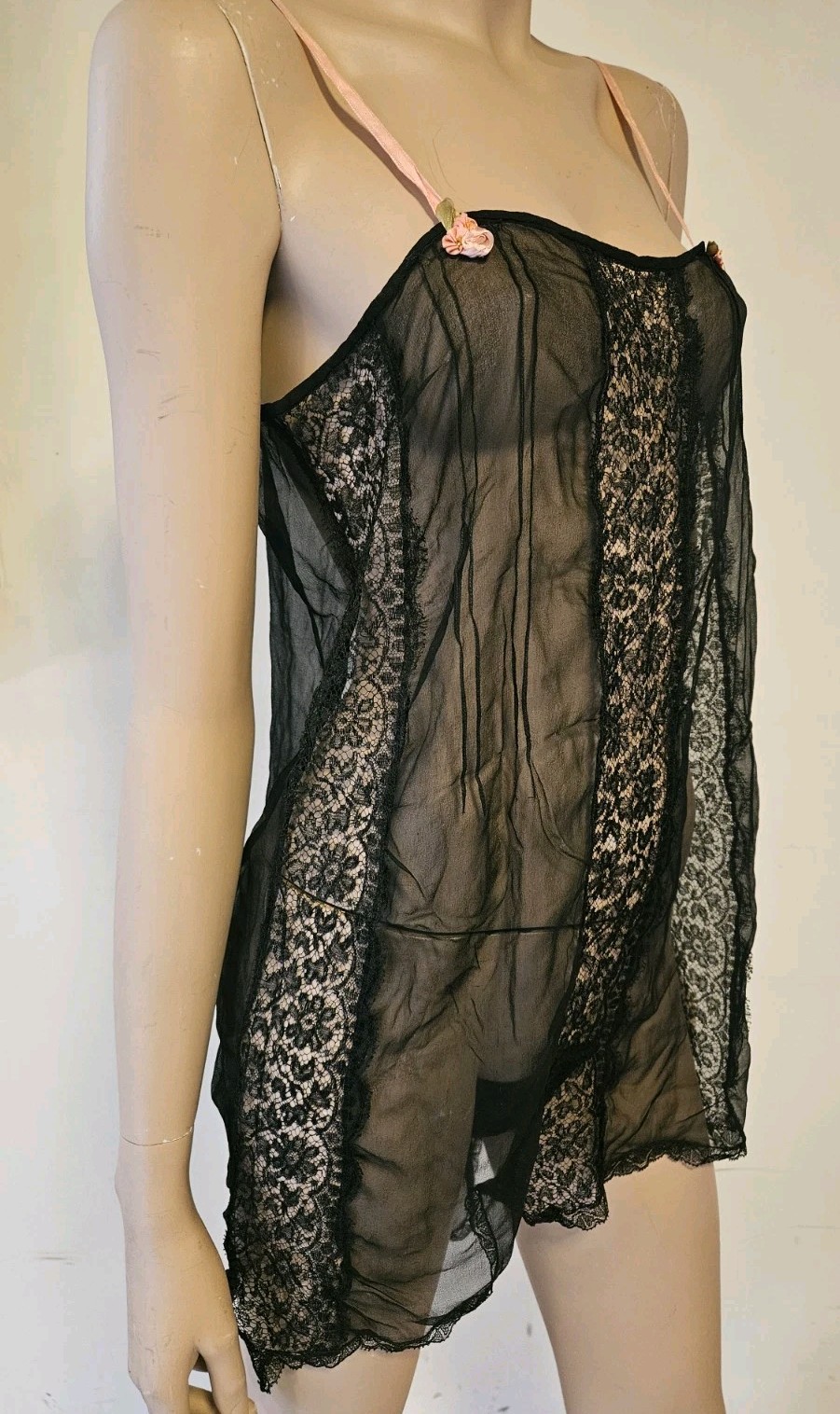 Rare Vintage 1920s Black Silk Chiffon & Lace Teddy with Pink Roses & Straps