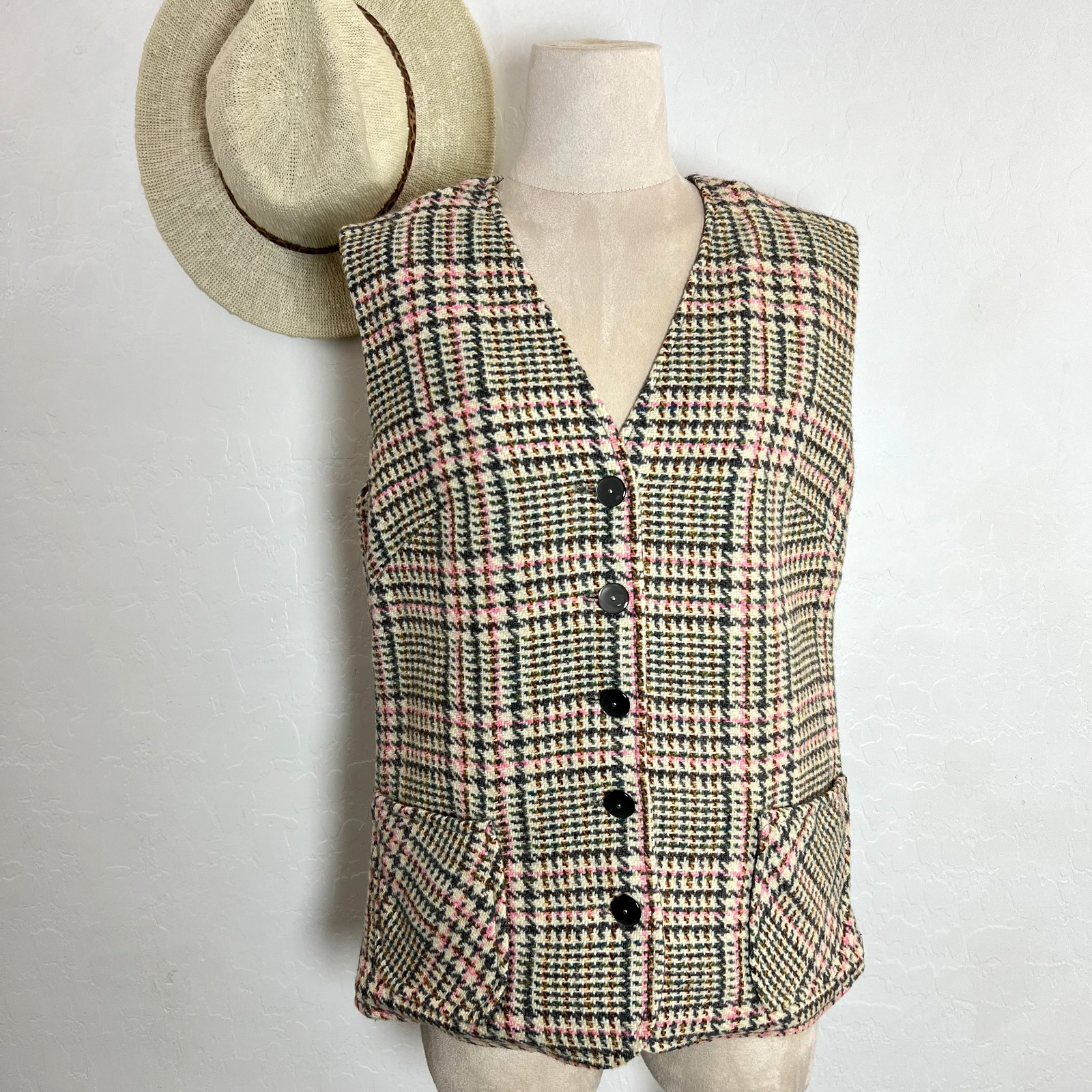 RUSS vtg wool houndstooth vest 12 preppy equestrian academia pink gray beige
