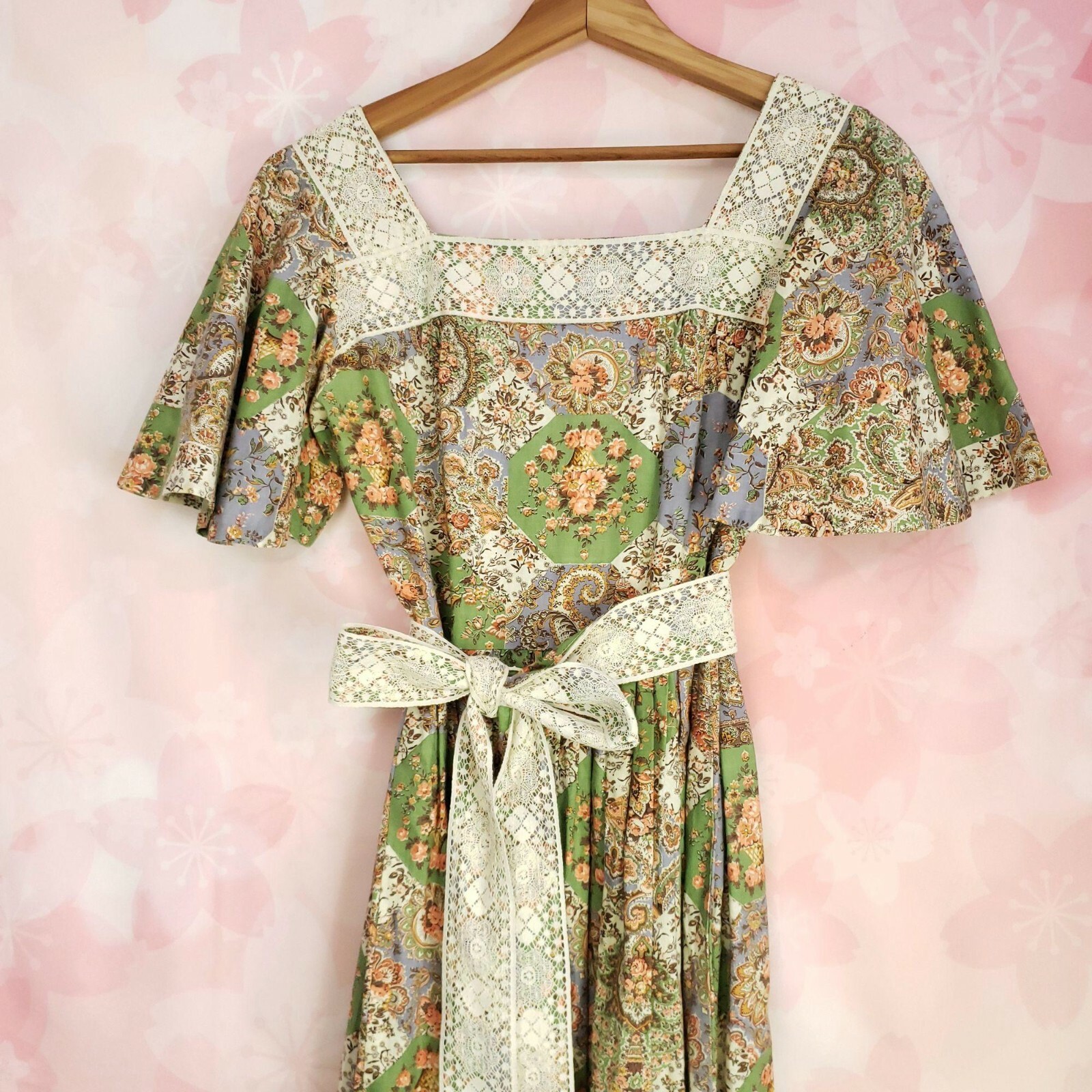 VINTAGE Handmade Maxi Boho Square Neck Gypsy 1970’s Tiered Cottagecore Dress