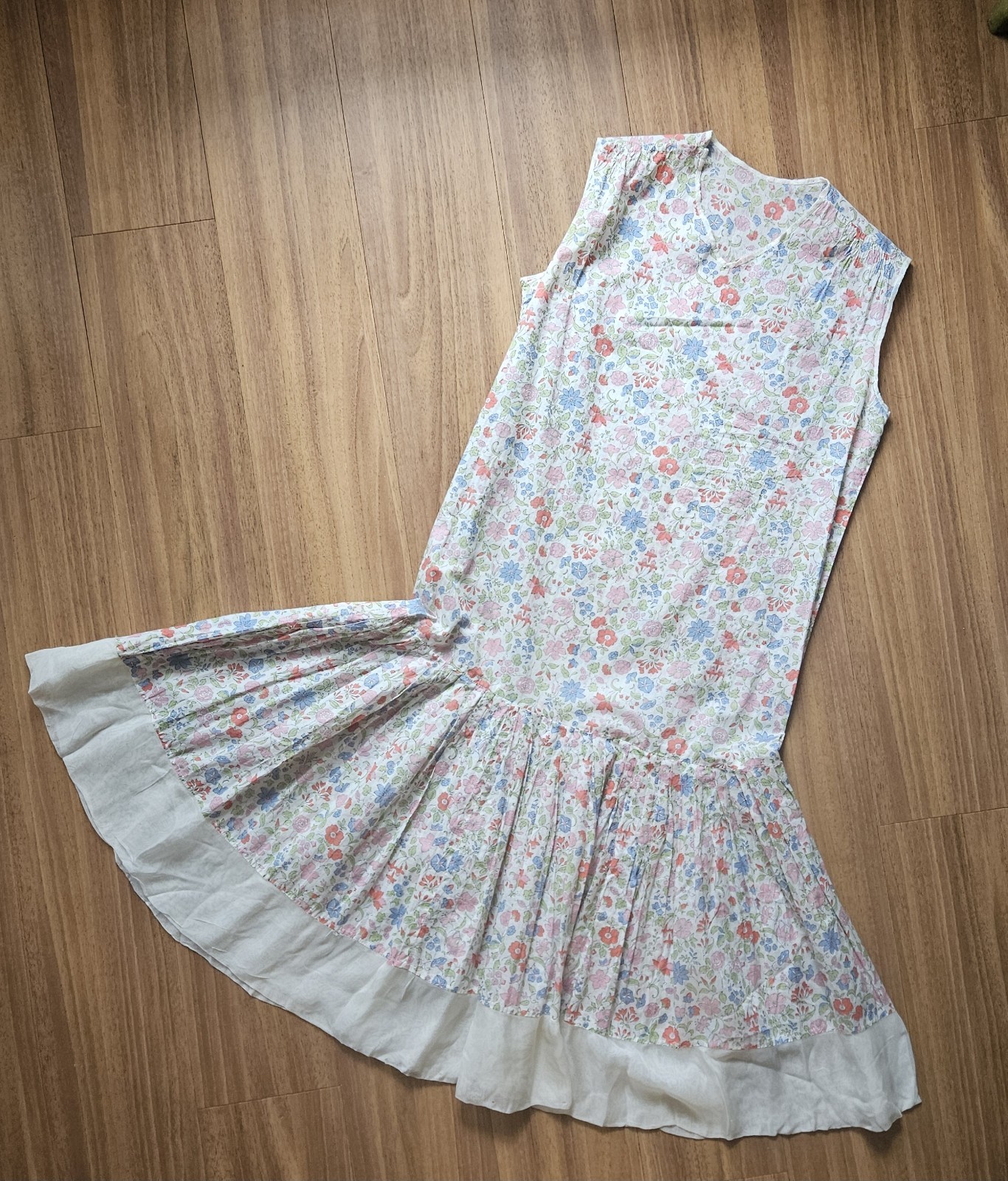 1920s Floral Cotton Day Dress Slip Over Small XS Antique Vintage