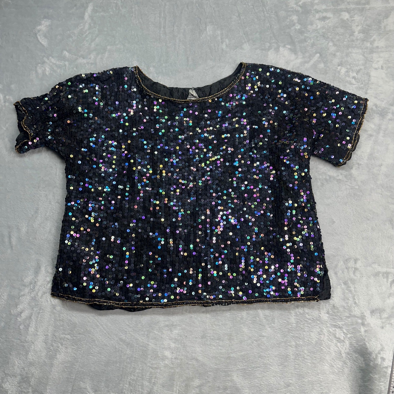 Cotton Castle Vintage Silk Sequin Beaded Top Black Iridescent Floral Sunburst XL