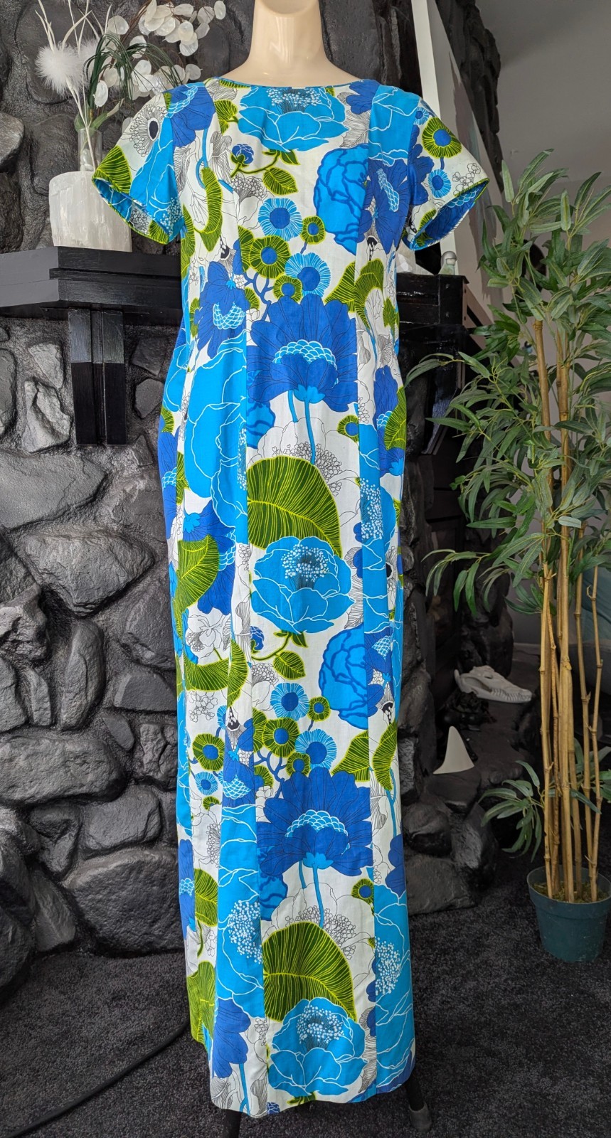 Vintage Lauhala 1970s Hawaiian MuuMuu Aloha Dress Ankle Maxi Sz 10 Blue Train