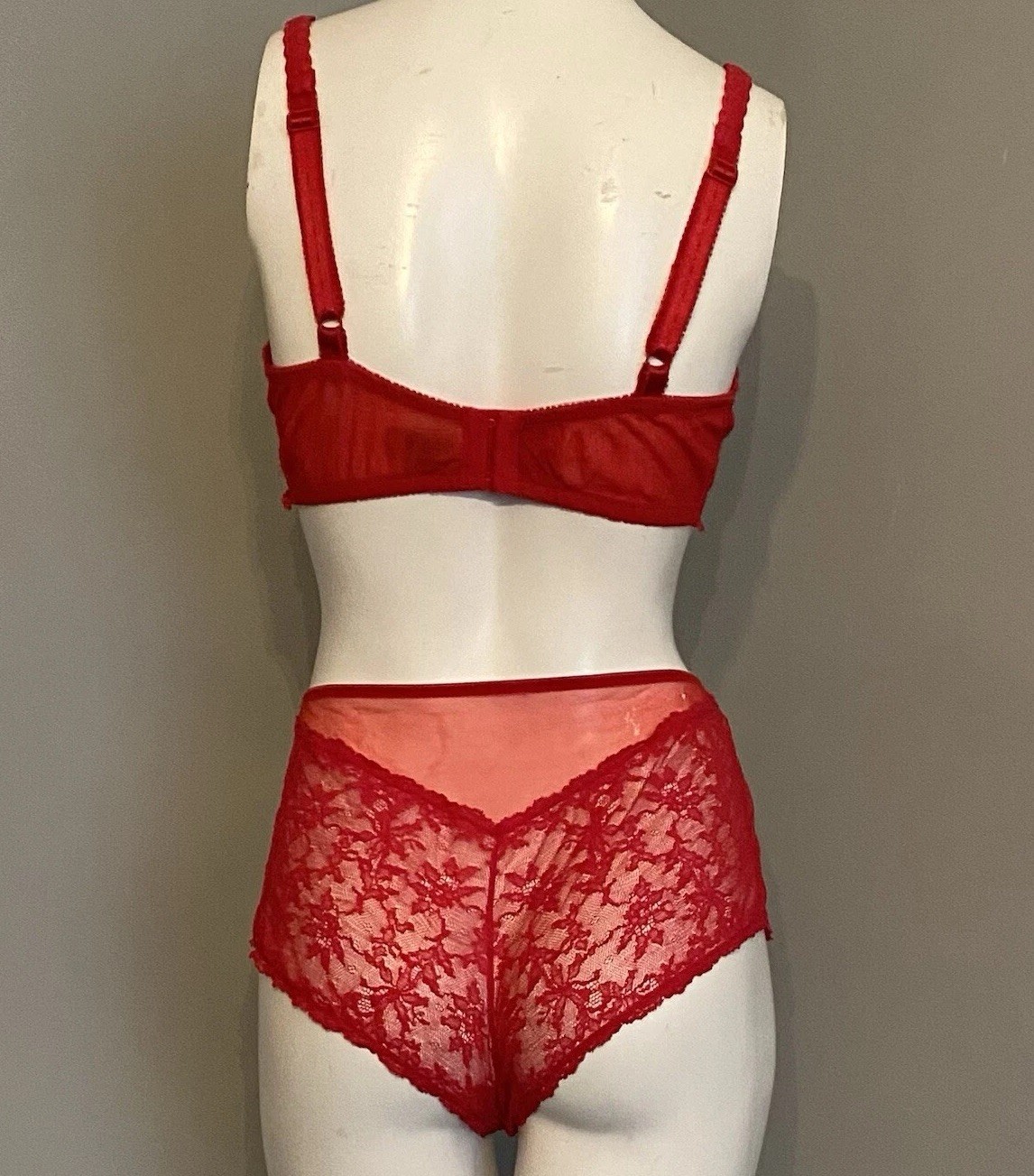 Vintage Red Lace Bra and Panty Hot Pants Shorts Lingerie Pin-Up Sexy 34DD Felina