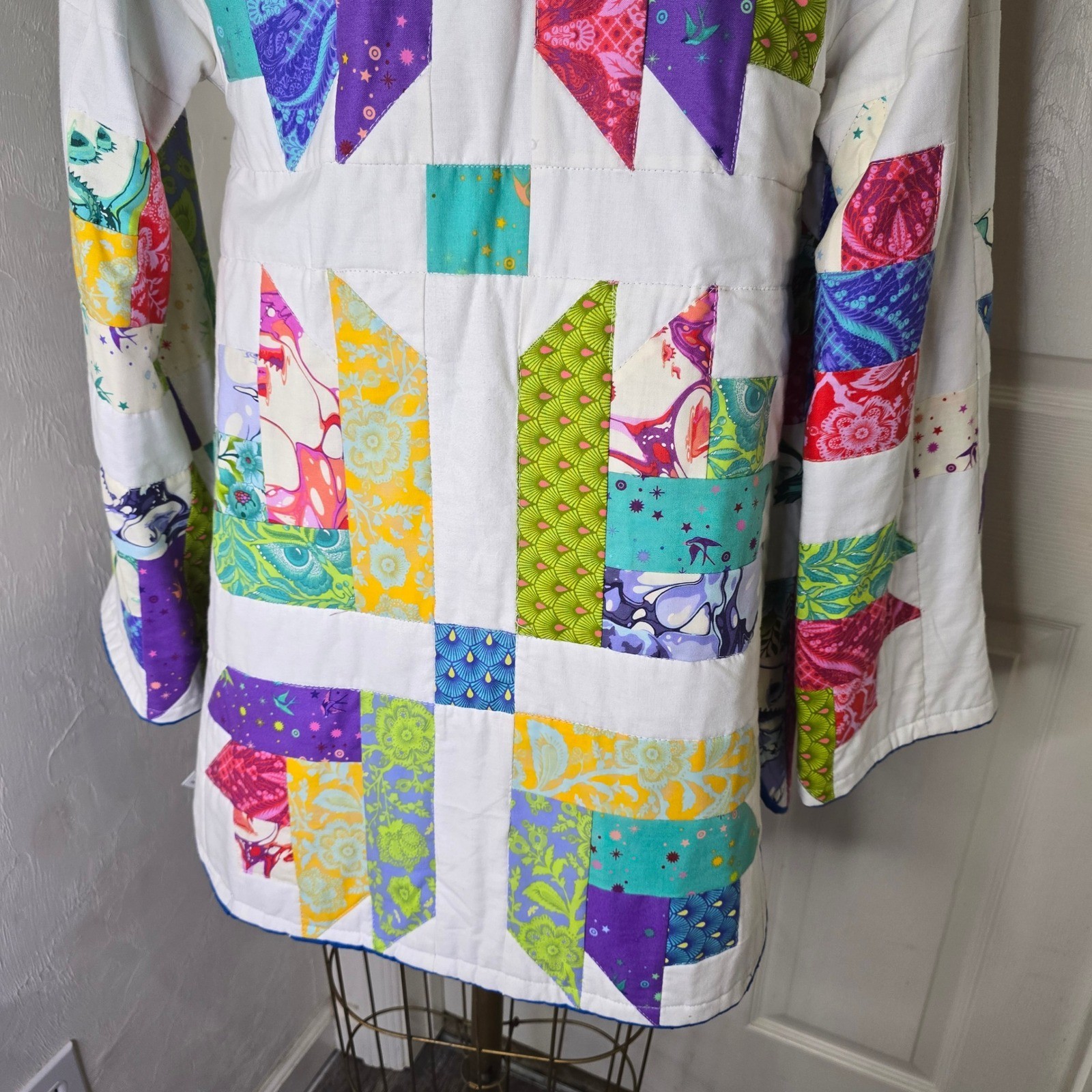 One of a kind blue multi colored handmade quilt coat OS