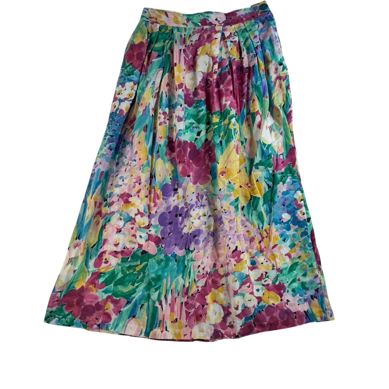 Vintage Floral Watercolor Two Piece Set Pleated Midi Skirt Short Sleeve 80s 90s