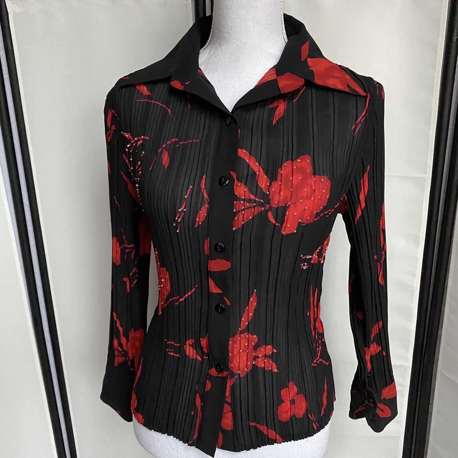Patchington Vtg Womens Small See Through Top Black Red Button Up Shirt Floral E7