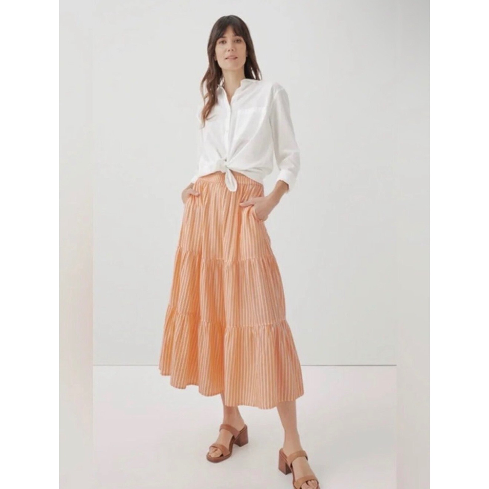 Pact Organic Cotton Orange White Stripe Tiered Midi Skirt Size M
