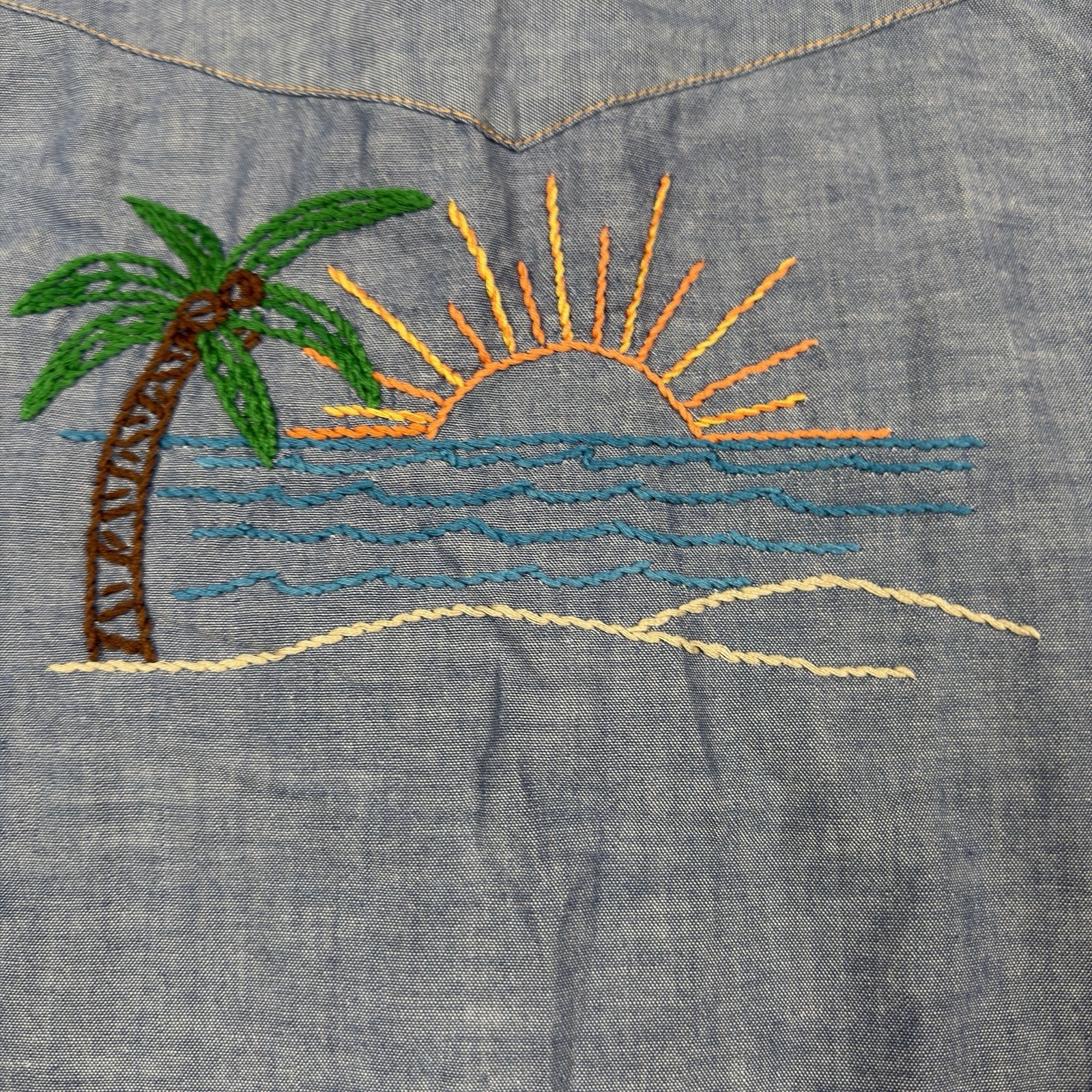 VTG 70s Sears Western Wear Pearl Snap Shirt Womens M Blue Chambray Embroidered