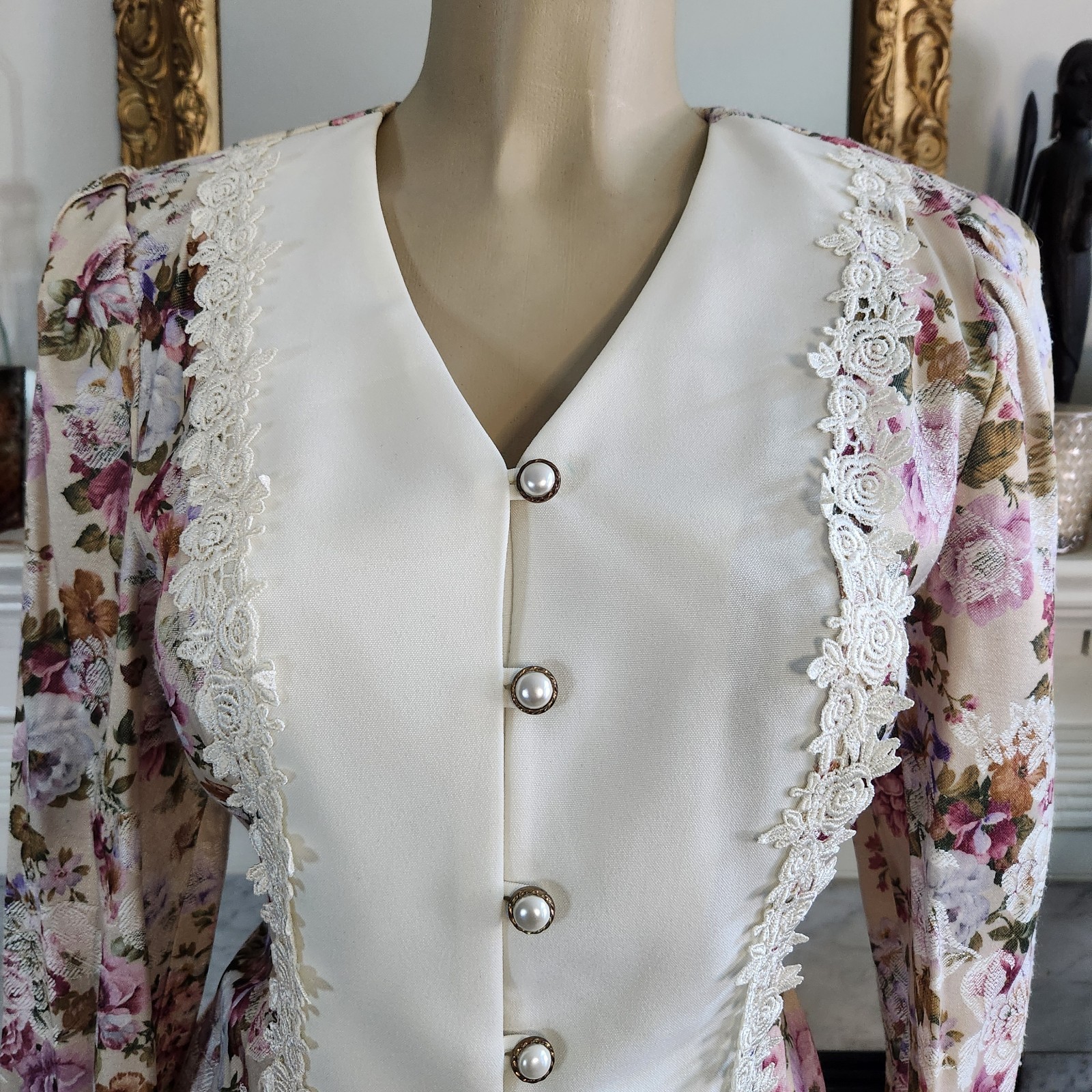 Vintage 80s Ivory Floral Blazer Lace Pink Fitted Cottagecore Romantic Size Large